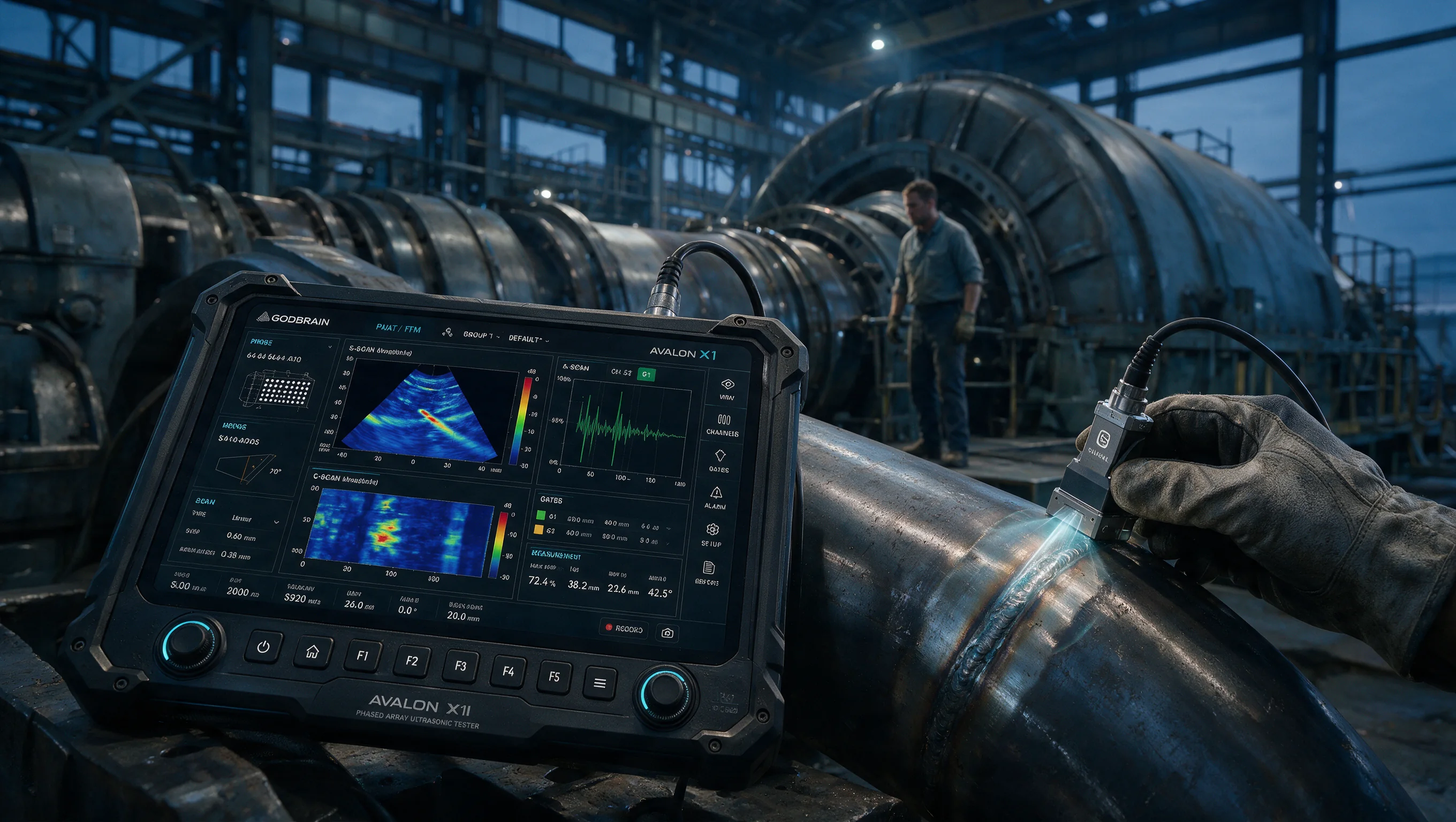 AVALON X1 performing phased-array ultrasonic inspection on an industrial weld
